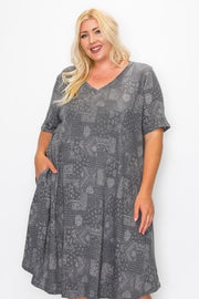 28 PSS-R {Letting Go} Grey Print V-Neck Dress EXTENDED PLUS SIZE 3X 4X 5X