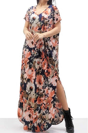 LD-T {Love Simply} Navy Floral V-Neck Long Dress PLUS SIZE 1X 2X 3X