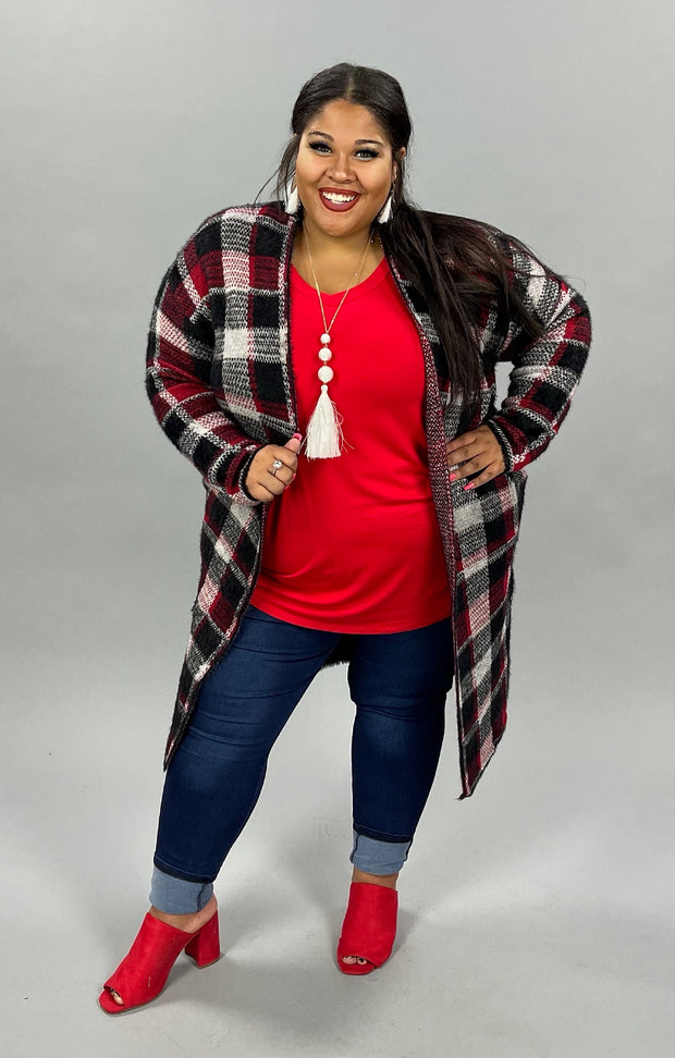 93 OT-D {Feel The Chill} Red/Black Plaid Long Cardigan SALE!!! PLUS SIZE 1X/2X  2X/3X