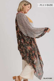 97 OT-W {Stunning Elegance} Umgee Black Floral Kimono PLUS SIZE XL/1X  1X/2X