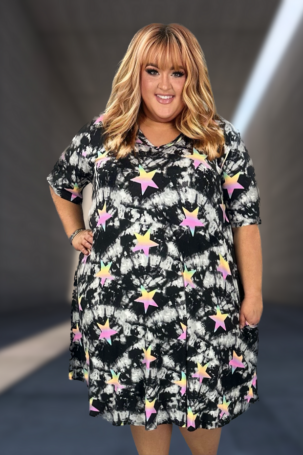 61 PSS-O {Star Of The Show} Black Tie Dye Star V-Neck Dress EXTENDED PLUS SIZE 3X 4X 5X