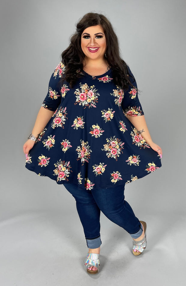 53 PSS-U {Flowers By Curvy} ***SALE***Navy Floral V-Neck Top PLUS SIZE 1X 2X 3X