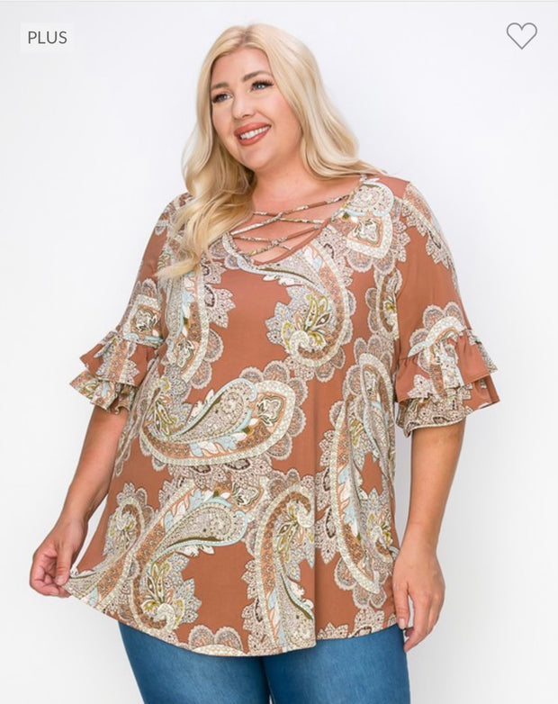 22 PQ-N {Flirting With Curvy} Brown Paisley Caged Neck Tunic CURVY BRAND!!! EXTENDED PLUS SIZE 4X 5X 6X