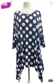 71 PSS-C {Made To Dance} Navy Polka Dot Top Sharkbite Hem EXTENDED PLUS SIZES 3X 4X 5X