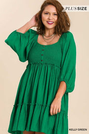 46 SQ-B {Into Bliss} Umgee Kelly Green Smocked Dress PLUS SIZE XL 1X 2X