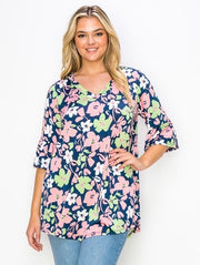 28 PSS-S {Sweet Repeats} Navy/Pink Floral V-Neck Top CURVY BRAND!!! EXTENDED PLUS SIZE 4X 5X 6X