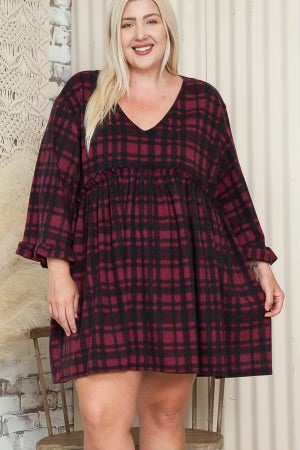 88 PQ-A {Dropping Temps} Burgundy Plaid Babydoll Tunic EXTENDED PLUS SIZE 3X 4X 5X