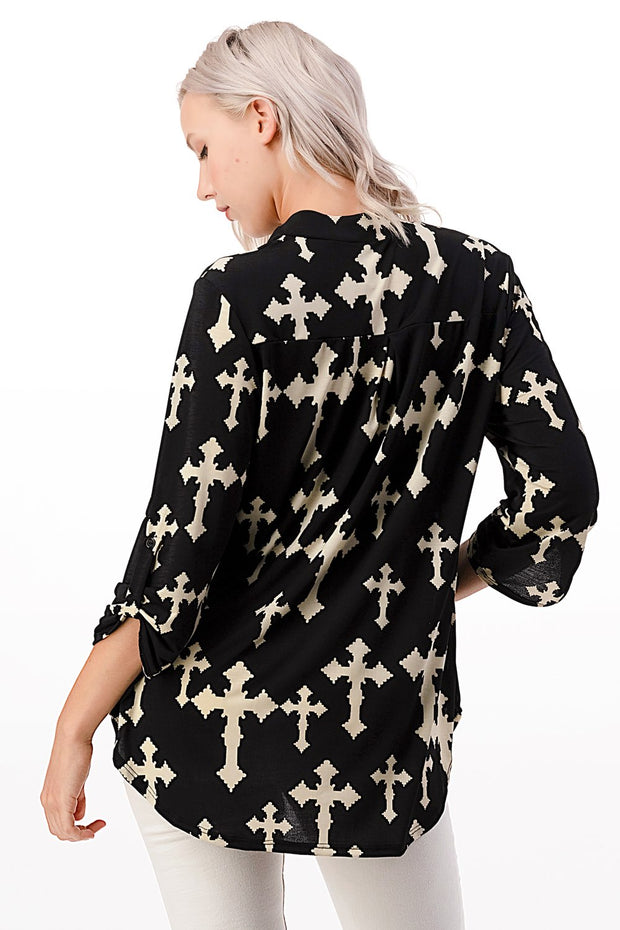 86 PQ-B {Above All Else} Black Cross Print Tunic PLUS SIZE 1X 2X 3X