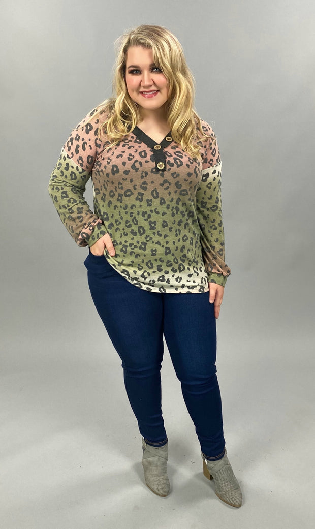 21 PLS-A {On Fire} Mauve Olive Ombre Leopard Button Top PLUS SIZE XL 2X 3X