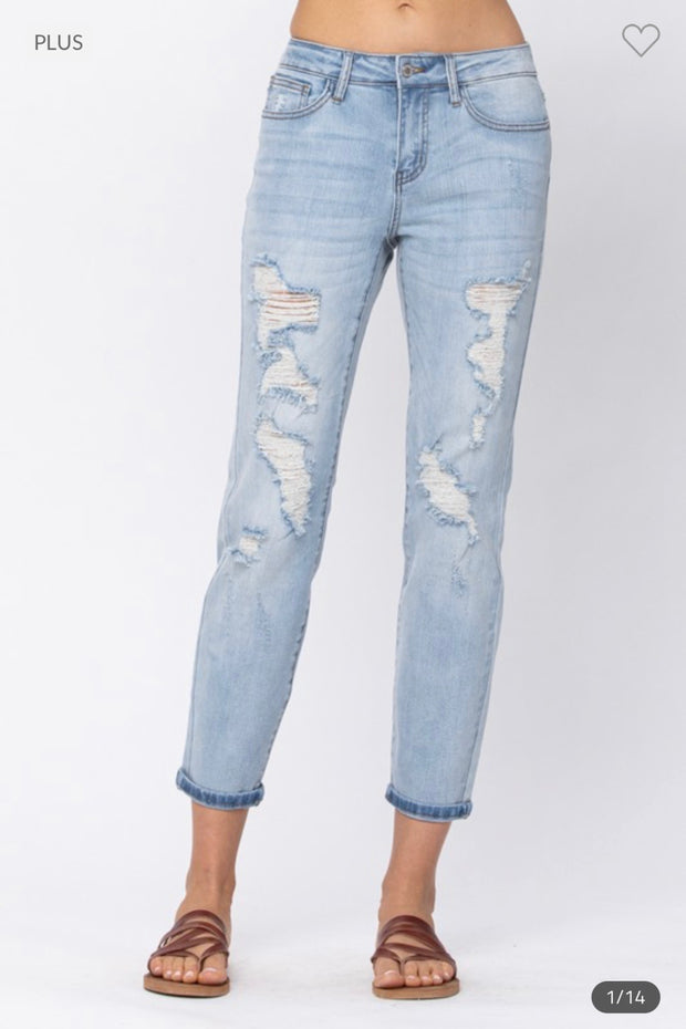 BT-F {Judy Blue Boyfriend Fit} Lt. Blue Ripped Jeans PLUS SIZE 20W  22W