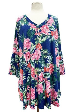 17 PQ-E {Paradise Has Arrived} Navy Floral V-Neck Top PLUS SIZE XL 2X 3X