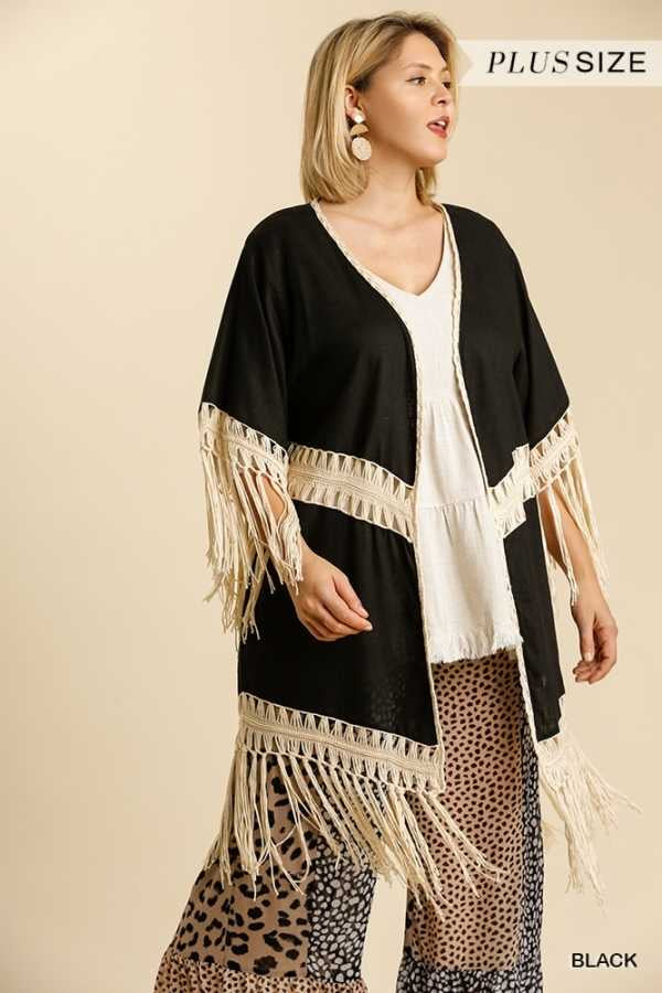 77 OT-B {Fringe Appeal} “UMGEE” Black Kimono W/Beige Trim PLUS SIZE XL 1X 2X  SALE!!!