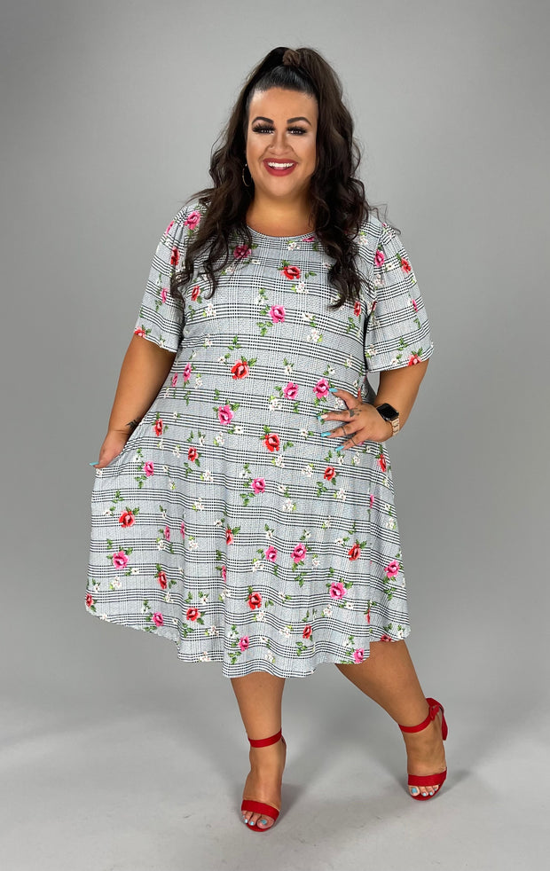 30 PSS-F {Basket of Roses} Checkered w Roses Print EXTENDED PLUS SIZE 3X 4X 5X