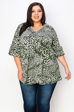 65 PSS-U {No Time To Waste} Green Leopard Print Babydoll Top EXTENDED PLUS SIZE 3X 4X 5X