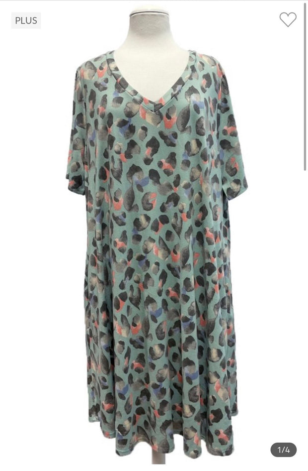 34 PSS-I {Finding The Joy} Mint Animal Print V-Neck Dress EXTENDED PLUS SIZE 3X 4X 5X