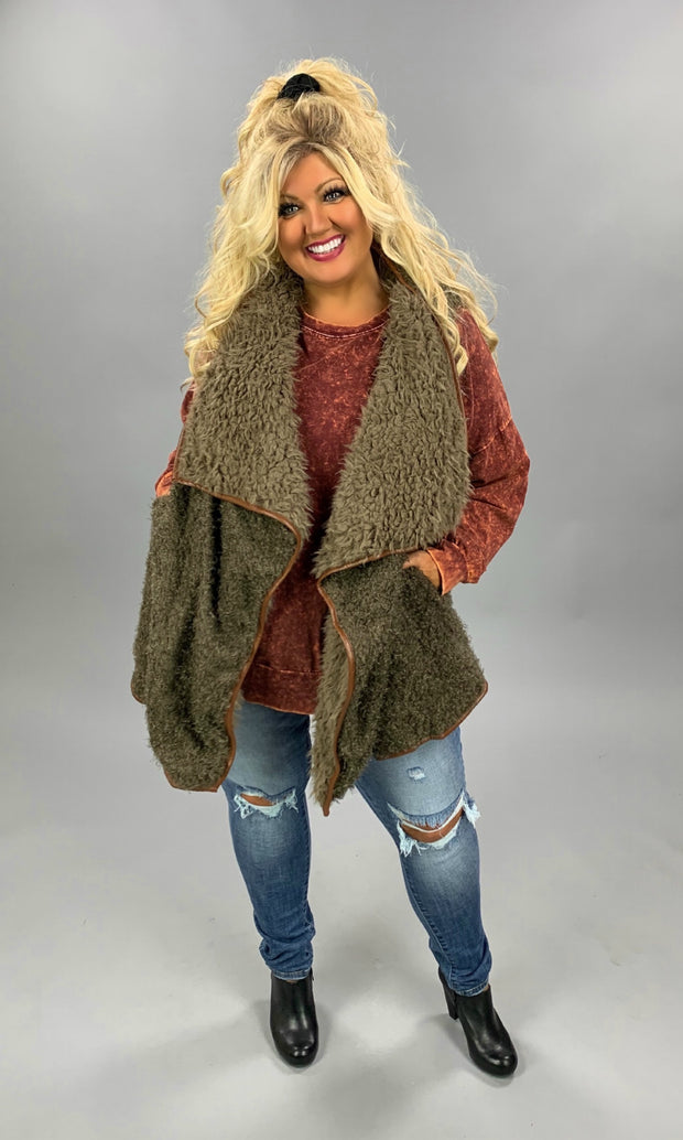 OT-F {Playful Attention} Mocha Loose Fit Faux Fur Vest  PLUS SIZE 1X 2X 3X