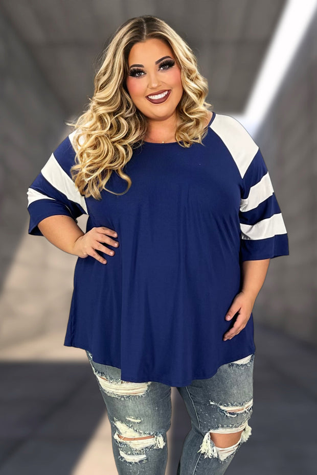 27 CP-I {Curvy Hanging Out} Navy Tunic w/Striped Sleeve CURVY BRAND!!!  EXTENDED PLUS SIZE XL 2X 3X 4X 5X 6X