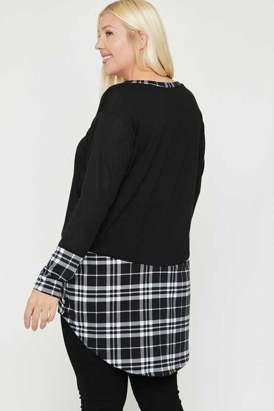 23 CP-L {Cut It Short}  Black With White Plaid Tunic PLUS SIZE XL 2X 3X