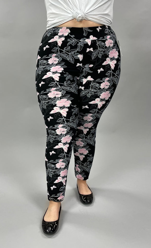 BIN 99 {Pink Butterflies} Black Butterfly Print Leggings EXTENDED PLUS SIZE 3X/5X