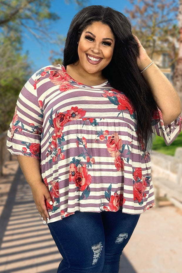 28 PSS-L {Unforgettable Rose} SALE!! Lavender Stripe Floral Babydoll Top EXTENDED PLUS SIZE 3X 4X 5X