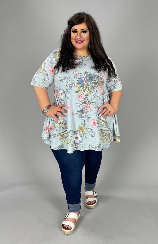 89 PSS-C {Flowers For You} Mint Floral Short Sleeve Top EXTENDED PLUS SIZE 3X 4X 5X