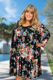 86 PQ-K {Stop To Smell The Roses} Black Floral Print Tiered Dress EXTENDED PLUS SIZE 3X 4X 5X