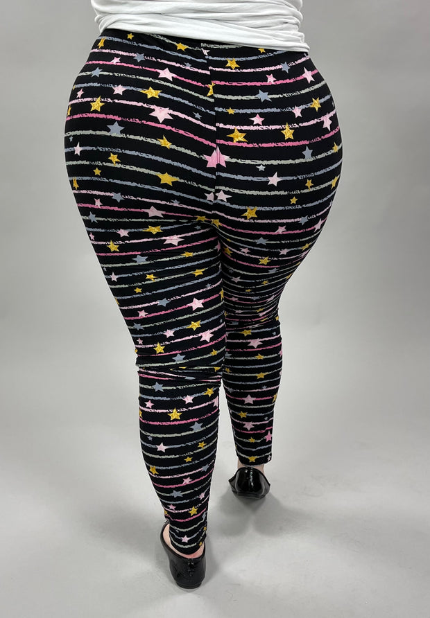 LEG-8 {Starry Skies} Stars & Stripes Black Printed Leggings EXTENDED PLUS SIZE