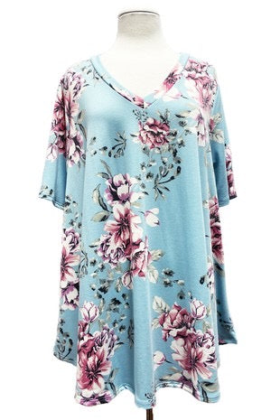 23 PSS-G {Sweet At Heart} Blue Floral V-Neck Top EXTENDED PLUS SIZE 3X 4X 5X