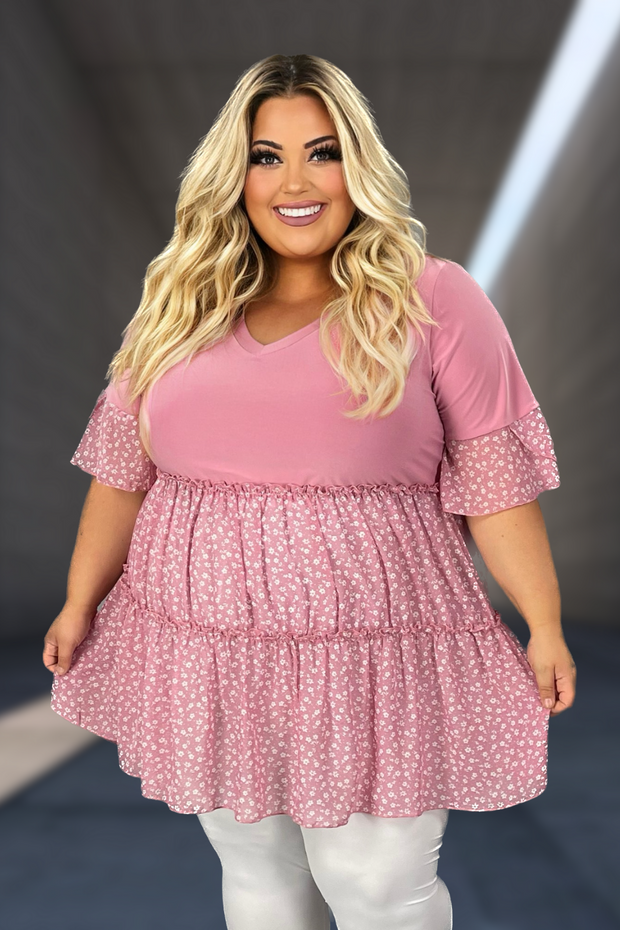 31 CP-C {All Dolled Up} Mauve Ditsy Floral Chiffon Tunic CURVY BRAND!!! EXTENDED PLUS SIZE 1X 2X 3X 4X 5X 6X