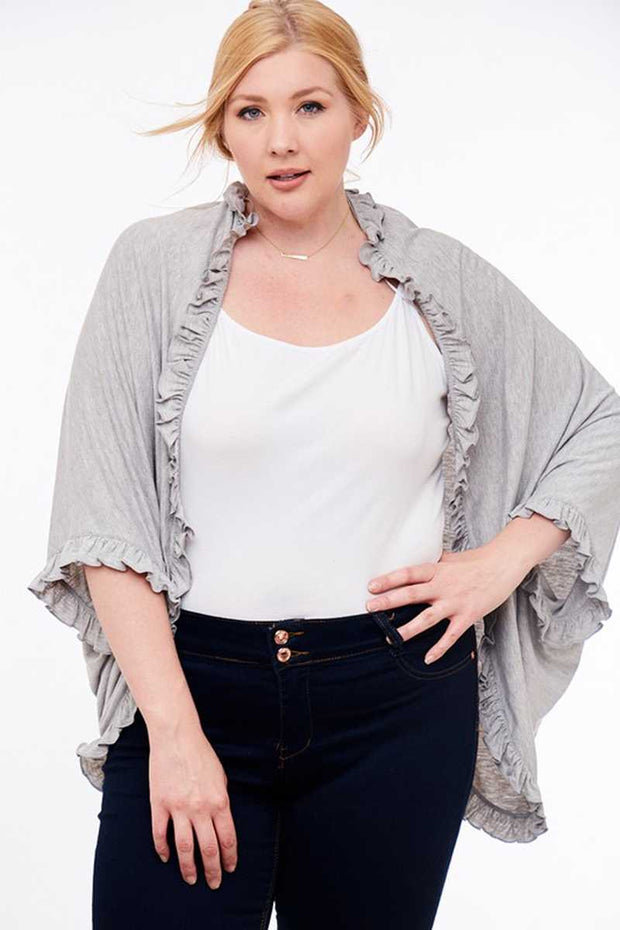 OT-H{Shrug Your Shoulders)  SALE!! Heather Gray Cardigan With Tiny Ruffle Edge PLUS SIZE 1X 2X 3X