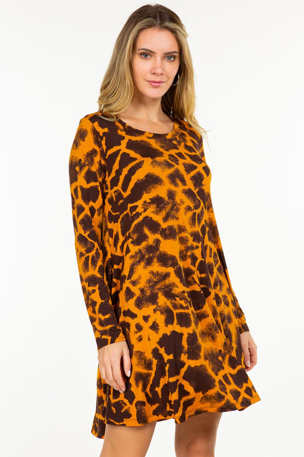 95 PLS-E {Wild Talking} Burnt Orange Print Long Sleeve Dress PLUS SIZE 1X 2X 3X