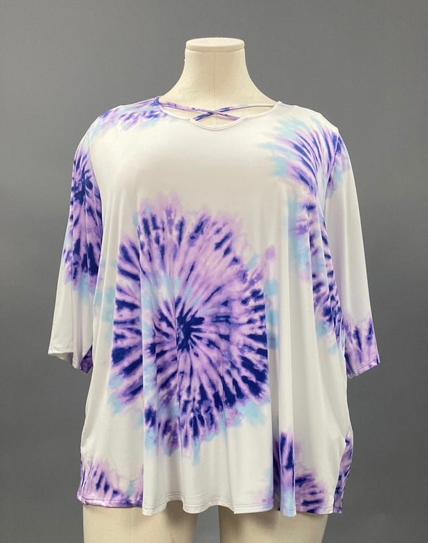 57 PQ-B {Love That Last} Purple Tie Dye Caged Neck Top CURVY BRAND!!!  EXTENDED PLUS SIZE XL 2X 3X 4X 5X 6X