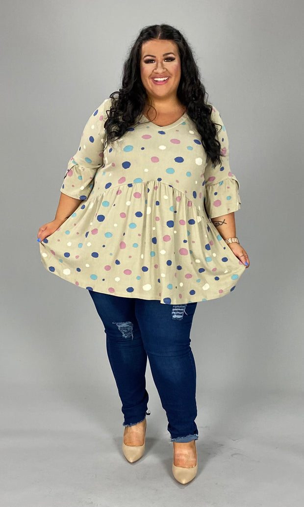 28 PSS-C {Dotted Doll} Taupe Dot Print Babydoll Top EXTENDED PLUS SIZE 3X 4X 5X