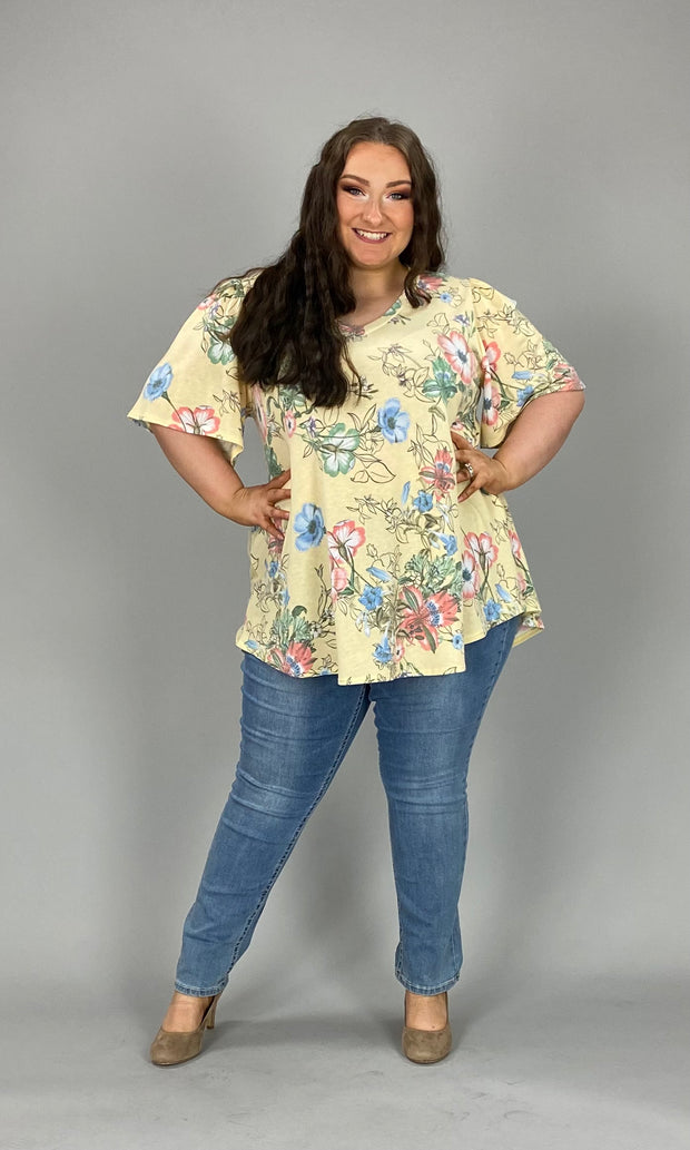 17 PSS-P {Once Upon A Lily} ***SALE***Yellow Floral V-Neck Top PLUS SIZE 1X 2X 3X