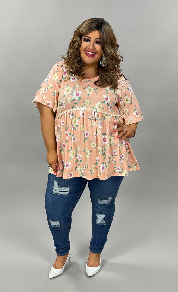 93 PSS-J {Wildflower} PEACH Floral ***FLASH SALE***Babydoll Top PLUS SIZE 1X 2X 3X