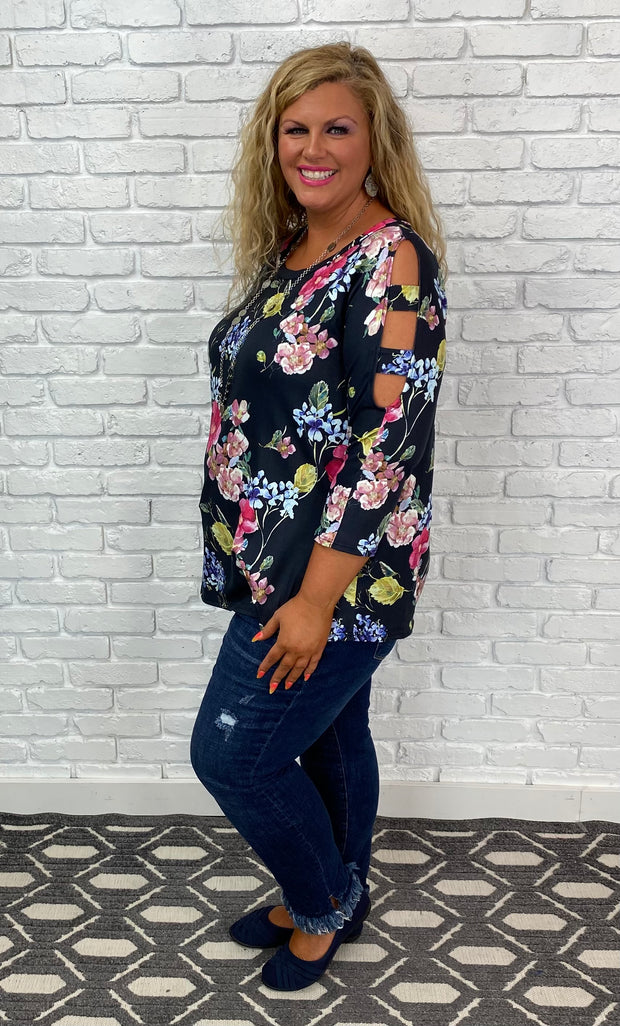 49 OS-A {Flowers In Bloom} ***FLASH SALE***Floral Print Cut Out Sleeve Top PLUS SIZE XL 2X 3X