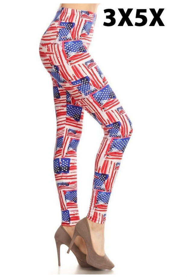 LEG-22 {Flag Proud} Red White Blue Flag Leggings EXTENDED PLUS SIZE 3X/5X