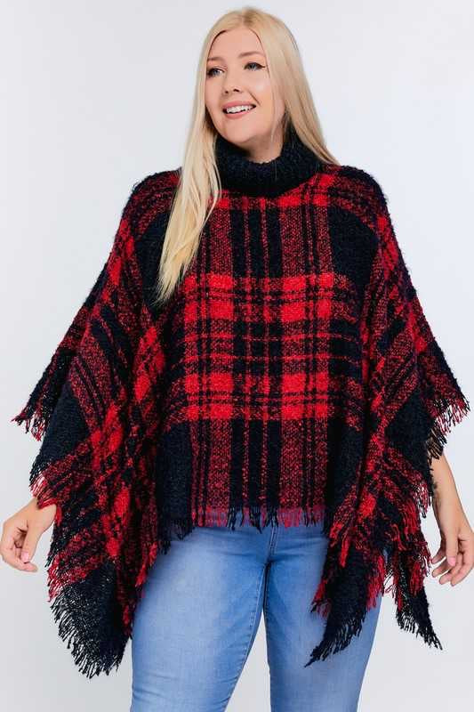 OT-A {Secret Obsession} Red Navy Plaid Knit Poncho PLUS SIZE