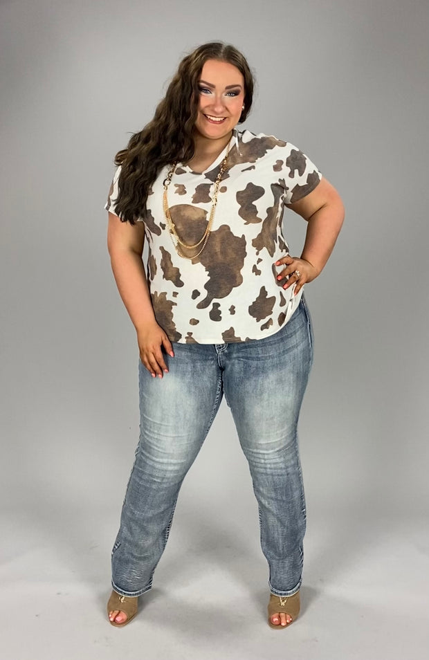 53 PSS-A {Gathered Treasure} Ivory/Brown Cow Print Top PLUS SIZE 1X 2X 3X *** FLASH SALE***
