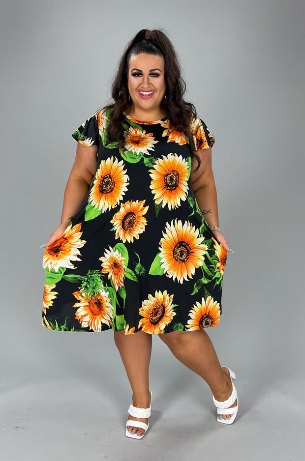 30 PSS-A {Sunflower Fun Flower} Black Printed Dress PLUS SIZE 1X 2X 3X