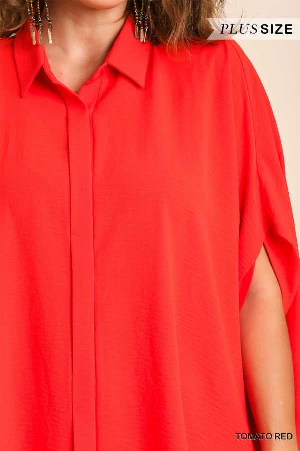 31 SSS-A {Touch Of Perfection} Red"UMGEE"   Solid Button Up Top PLUS SIZE XL 1X 2X