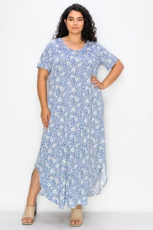 LD-O {Etched in Floral} Blue Floral Printed Maxi Dress EXTENDED PLUS 4X 5X 6X