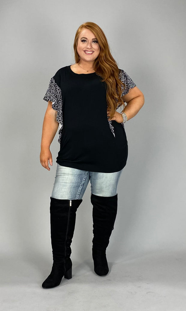 85 CP-B {A Flutter Above} Black Top W/Print Contrast PLUS SIZE 1X 2X 3X SALE!!!!