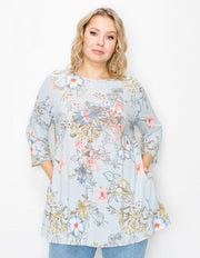 93 PQ-R {Darling Like This} Blue Floral Top w/Pockets EXTENDED PLUS SIZE 3X 4X 5X