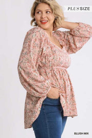 83 PLS-Z {Growing Fonder} Umgee Blush Floral  Babydoll Top PLUS SIZE XL 1X 2X