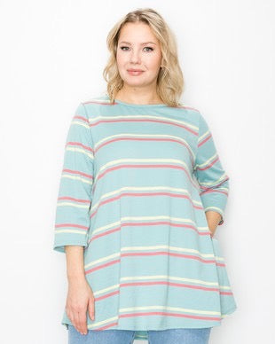 94 PQ-G {Sweet Moment Like This} Sage Stripe Print Top PLUS SIZE XL 2X 3X