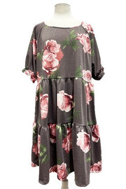 33 PSS-B {Blooming With Style} Grey Floral Tiered Dress EXTENDED PLUS SIZE 3X 4X 5X