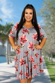 47 PSS-Y {What A Surprise}  SALE!! Grey/Red Floral V-Neck Dress EXTENDED PLUS SIZE 3X 4X 5X