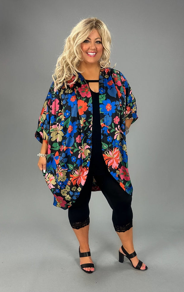 44 OT-A  {Vibrant Vibes}  Umgee Black Mix Floral Kimono  PLUS SIZE XL/1X  1X/2X