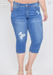 BT-R {Royalty For Me} Med. Blue Ripped Capri Jeans EXTENDED PLUS SIZE 14 16 18 20 22 24